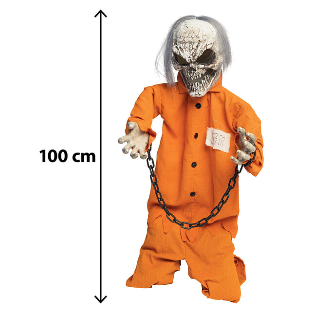 Death prisoner decoratie van 100 cm hoog met hoogtepijl, geknield in oranje overall voor Halloween