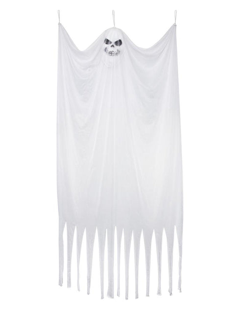 Decoratie hangend spook in wit gaasdoek met doodskopgezicht en punten aan de onderkant, halloweendecoratie