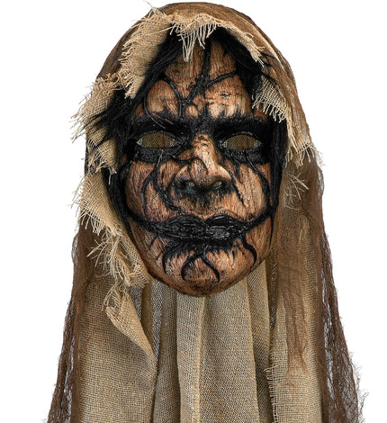 Demonenmasker met cape voor heren, bruin gezicht met zwarte scheuren en jutekleurige kap