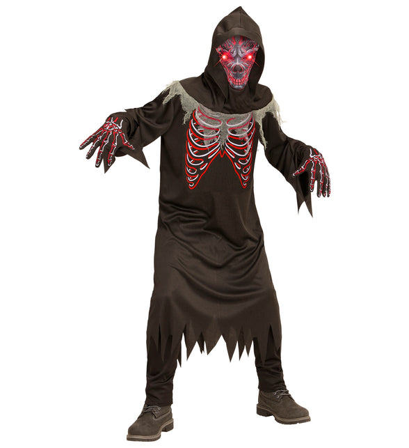 Demoon pak kinderen met bruinzwart gewaad, rode skeletopdruk en masker met oplichtende ogen voor Halloween
