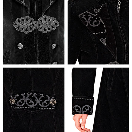 Detail van de gothic jas dame Vera: koordgesp, revers met krullenmotief en manchet met bies