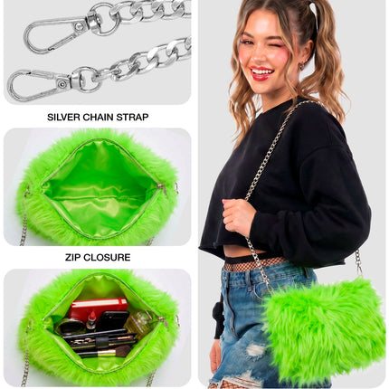 Detail van de neongroene handtas: karabijnhaken, rits en groen gevoerde binnenkant met make-up