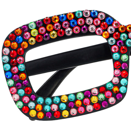 Detail van de Partybril Sparkle met rode, roze, blauwe en gele steentjes op het zwarte montuur