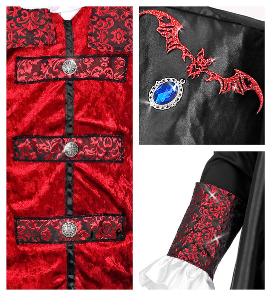 Detail rood fluwelen vest met zilverkleurige knopen en hoge hoed met rode vleermuis en blauwe steen