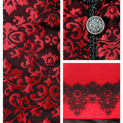 Detail van rood-zwart jacquardmotief, zilverkleurige sierknoop en zwarte kanten rand van het vampierkostuum