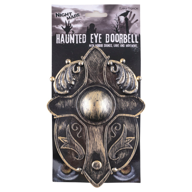 Deurbel met bewegend oog op verpakkingskaart, sierplaat met krulmotieven voor de voordeur met Halloween