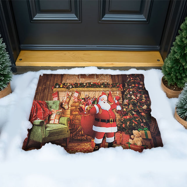 Deurmat Kerstmis met kerstman en cadeauzak, in de sneeuw voor een donkere voordeur tijdens de feestdagen