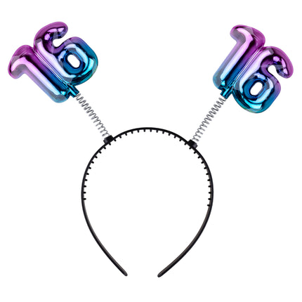 Diadeem 16 jaar regenboog met twee metallic cijfers 16 op spiraaltjes op een zwarte haarband
