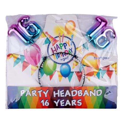 Diadeem 16 jaar in verpakking van Funny Fashion, party headband voor een zestiende verjaardag