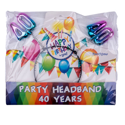 Diadeem 40 jaar regenboog in verpakking met verjaardagsprint, feestartikel voor een 40e verjaardag