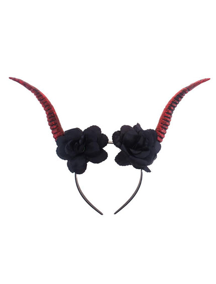 Diadeem met duivelshoorn en bloemen, rood-zwarte hoorns met vier zwarte rozen voor Halloween