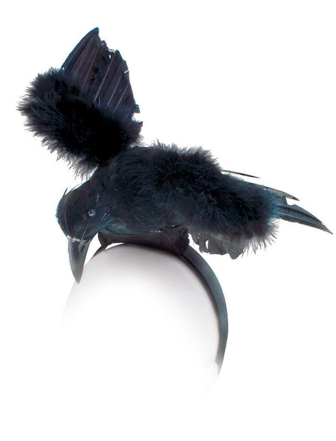Diadeem met grote kraai van dichtbij, zwarte vogel met gespreide vleugels op een smalle haarband