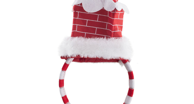 Diadeem kerstman in schoorsteen met rode bakstenenprint, witte pluche rand en zwarte laarsjes voor Kerst