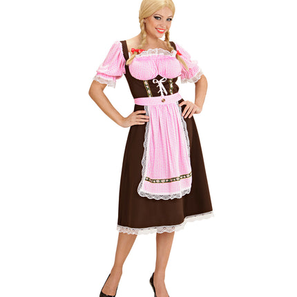 Dirndl Andrea met roze-witte geruite schort en witte rijgveter op het bruine lijfje