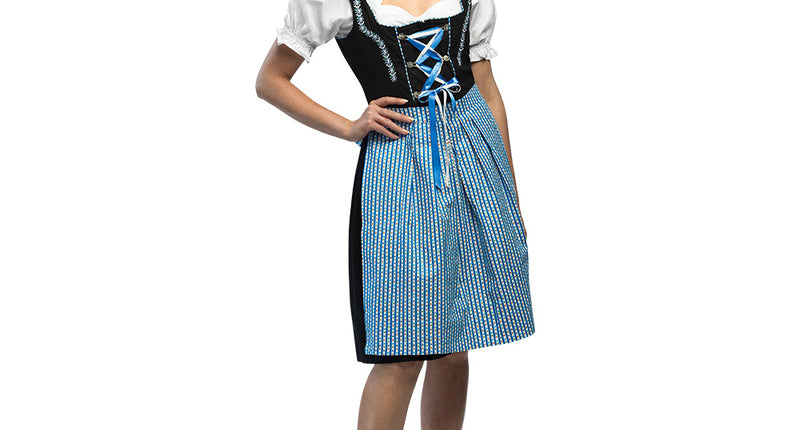 Dirndl Frau Fischer blauw met zwarte jurk, wit topje en blauw-wit gestreepte schort voor Oktoberfest