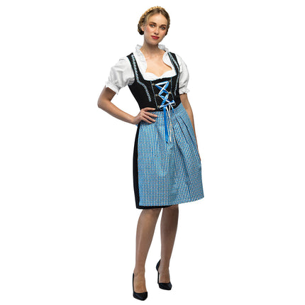Dirndl Frau Fischer blauw met zwarte jurk, wit topje en blauw-wit gestreepte schort voor Oktoberfest