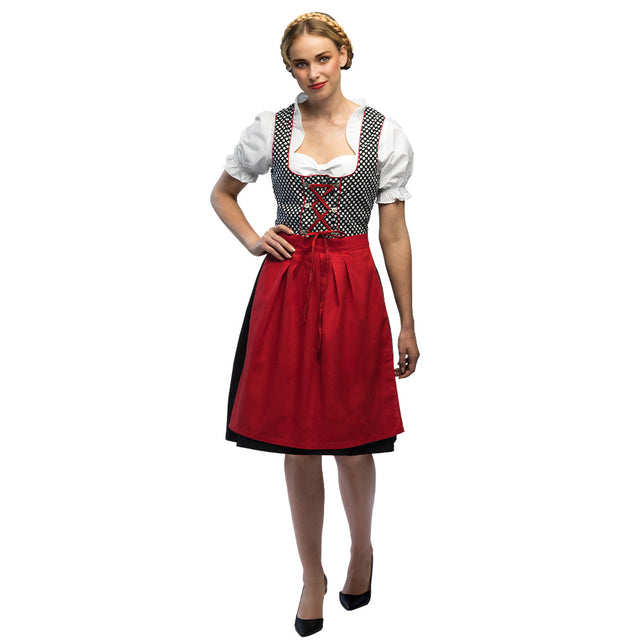 Dirndl Frau Müller dames: zwarte jurk met wit gestipt lijfje, wit topje en rode schort voor Oktoberfest