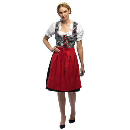 Dirndl Frau Müller dames: zwarte jurk met wit gestipt lijfje, wit topje en rode schort voor Oktoberfest