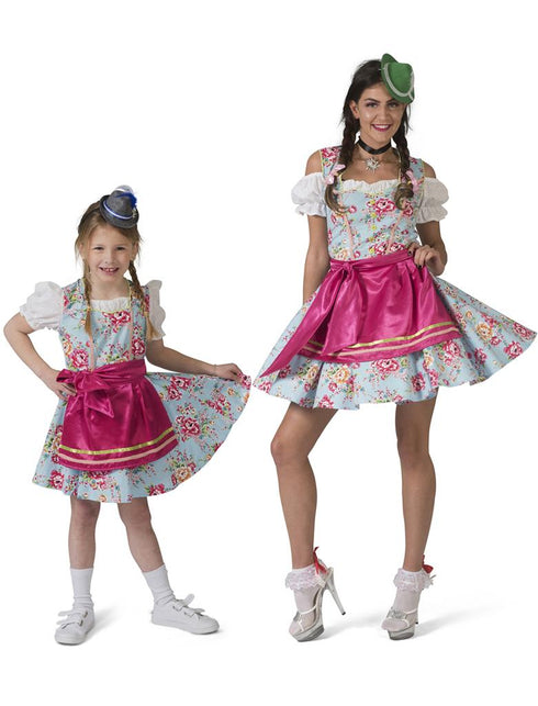 Dirndl jurk Hilda dames met uitzwaaiende rok en goudkleurige sierband onderaan het roze schort