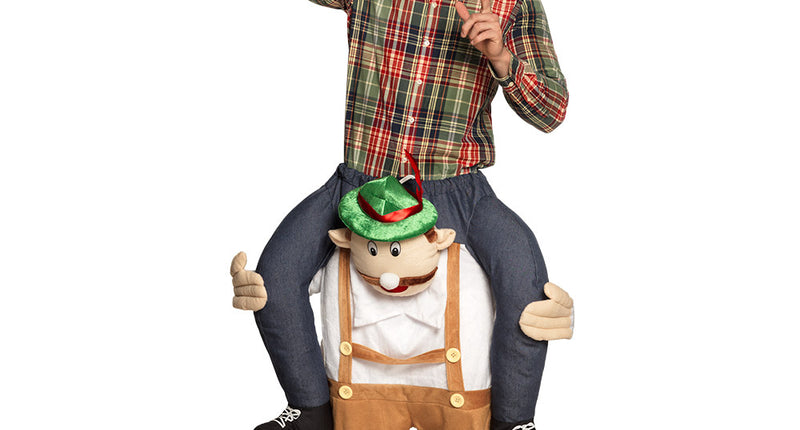 Draagbroek tiroler Anton met poppetje in bruine lederhosen en groene tirolerhoed voor Oktoberfest