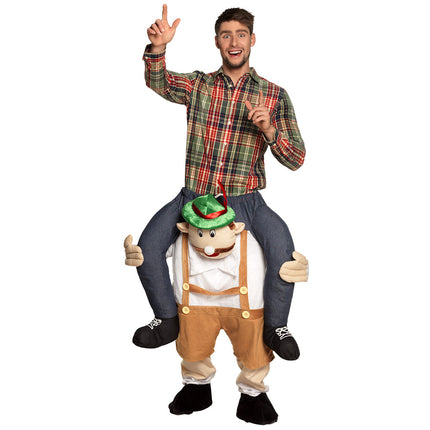 Draagbroek tiroler Anton met poppetje in bruine lederhosen en groene tirolerhoed voor Oktoberfest