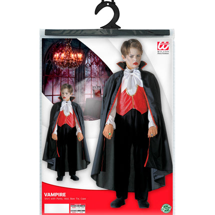 Dracula vampier kostuum kinderen in verpakking met vooraanzicht van cape, vest en broek
