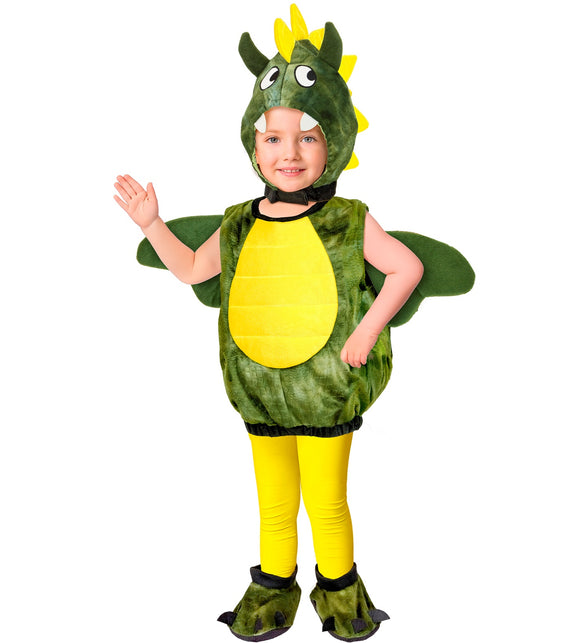 Drakenpak voor kinderen in groen met geel buikvlak, hoofddeksel met hoorns en klauwschoenen