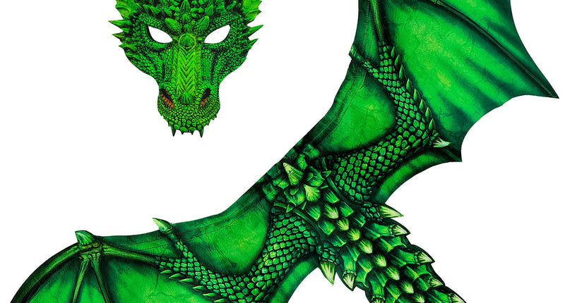 Drakenvleugels groen met schubbenprint en bijpassend drakenmasker met hoorns