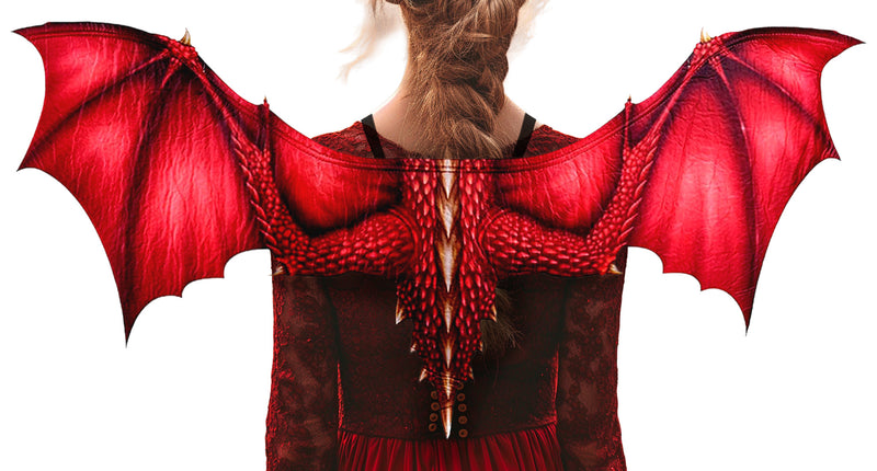 Drakenvleugels rood op de rug gedragen, met schubbenprint en gehoornde vleugelranden voor Halloween