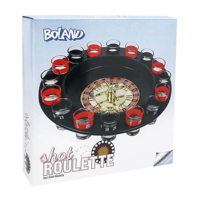 Drankspel roulette met zwart rad, goudkleurig middenstuk en 16 shotglaasjes in de verpakking