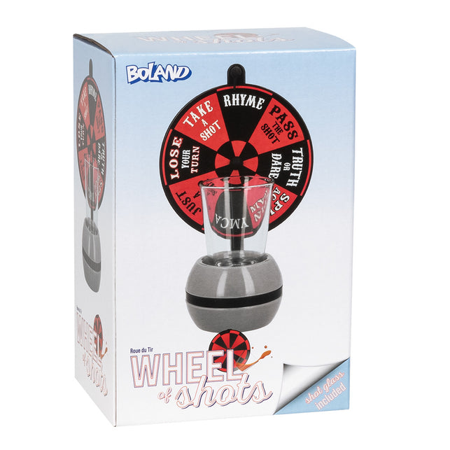 Drankspel Wheel of shots in verpakking met rood-zwart draaiwiel, borrelglas en grijze voet