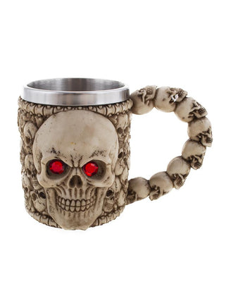 Drinkbeker doodskop in botkleur met rode ogen, schedelreliëf en metalen binnenrand voor Halloween