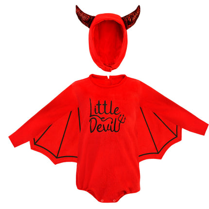 Duivel kostuum Milan kind: rode jumpsuit met Little Devil-opdruk en los kapje met zwart-rode horens