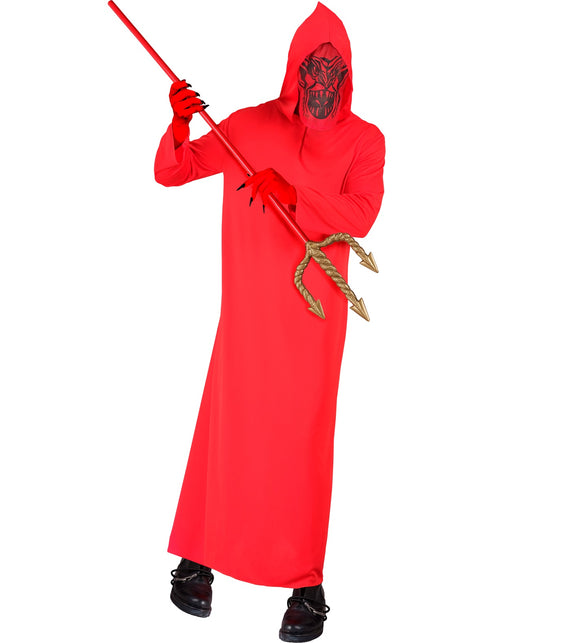 Duivel kostuum Ruby: lang rood gewaad met puntige kap en gaasmasker met duivelsgezicht voor Halloween