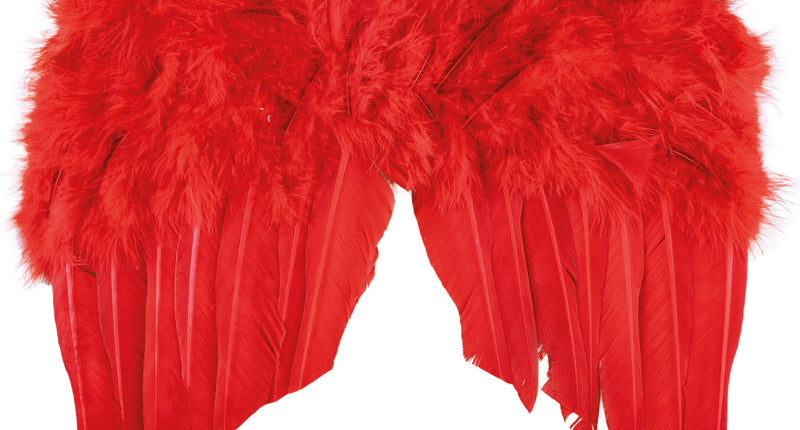 Duivel vleugels rood met donzige veren en lange rode slagpennen voor een duivelsoutfit op Halloween