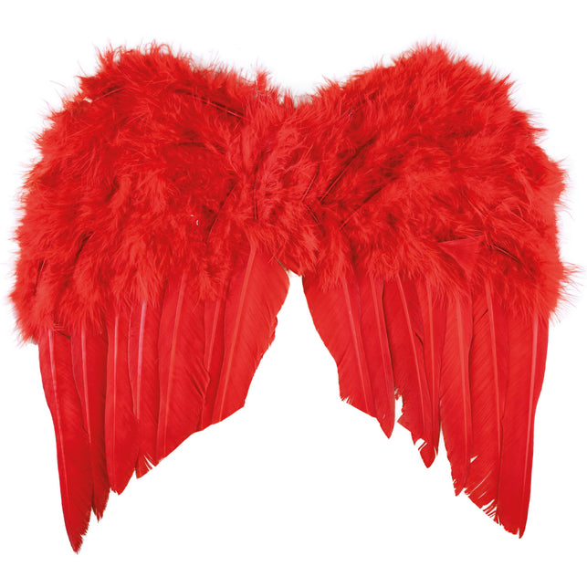Duivel vleugels rood met donzige veren en lange rode slagpennen voor een duivelsoutfit op Halloween