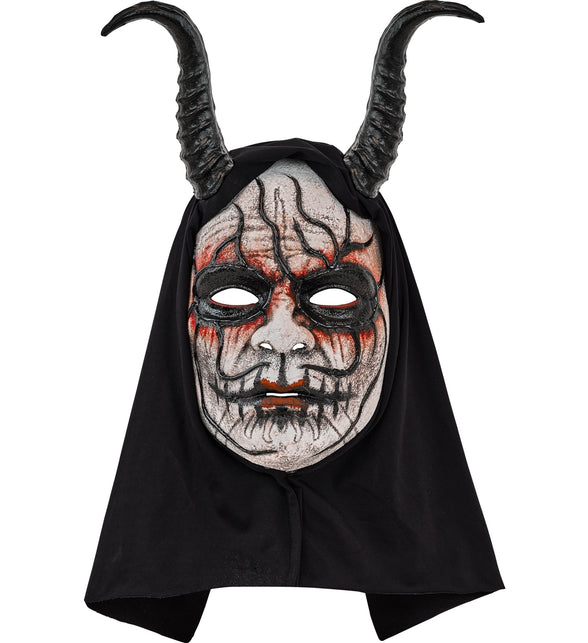 Duivelmasker Milan met zwarte hoorns, wit gezicht met rode strepen en zwarte kap voor Halloween