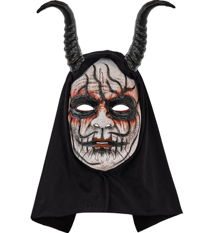 Duivelmasker Milan met zwarte hoorns, wit gezicht met rode strepen en zwarte kap voor Halloween