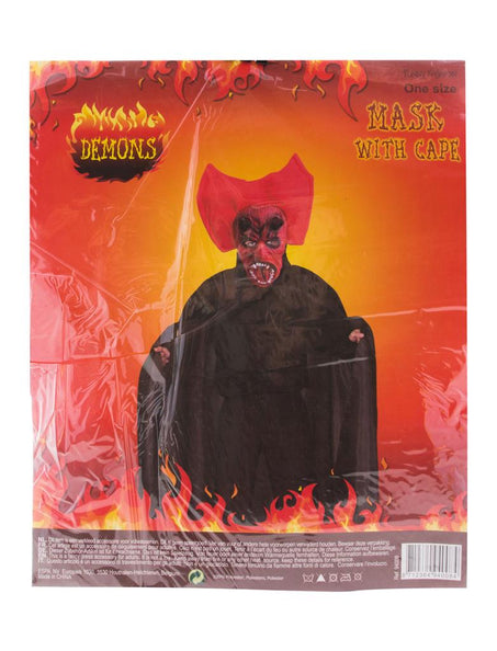 Duivelsmasker met cape van Funny Fashion in de verpakking, rood masker met zwarte cape