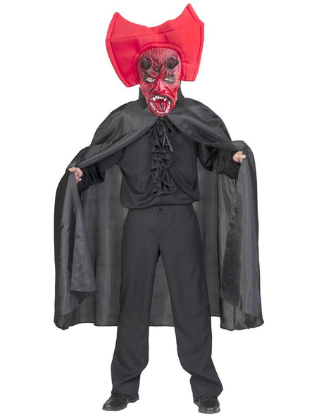 Duivelsmasker met cape: rood duivelsmasker met horens en zwarte cape voor Halloween