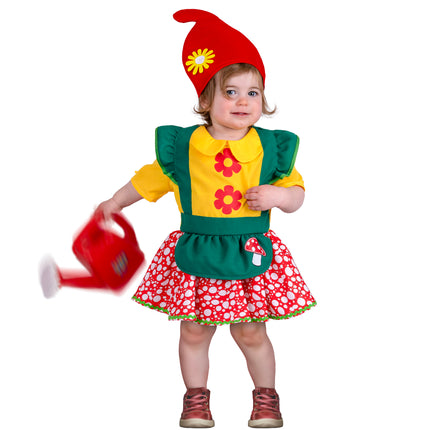 Dwerg Isa kabouterjurkje met groen schort, rood-wit gestippelde rok en rode puntmuts met bloem voor carnaval