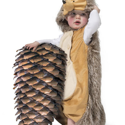 Egeltje kostuum Bobbie met egelkopje, oortjes en zwart snuitje op de kap, gedragen door een peuter