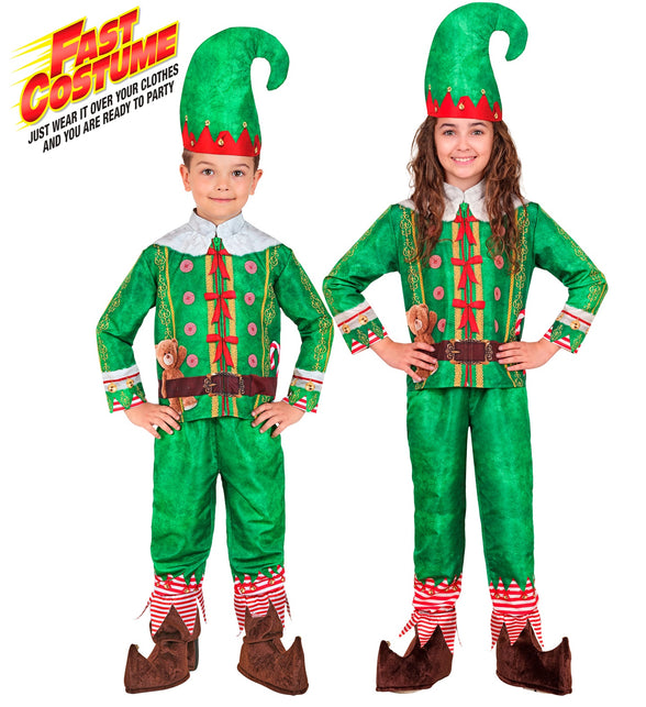 Elf kostuum kinderen in groen met rode strikjes, snoepprint en puntmuts, voor Kerst