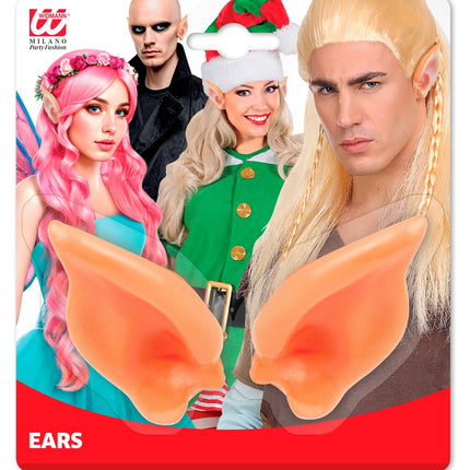 Elf oortjes op verpakkingskaart, spitse huidkleurige elvenoren voor dames en heren