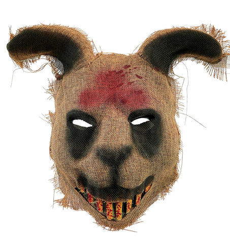 Eng konijnenmasker in jutelook met zwarte oogvlakken, rode bloedvlek en gele tanden voor Halloween