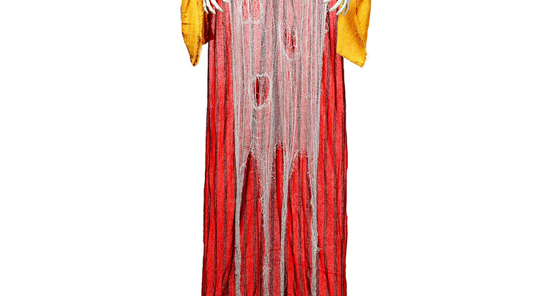 Enge clown decoratie 232cm met rode gestreepte mantel, paarse kraag en gele mouwen voor Halloween