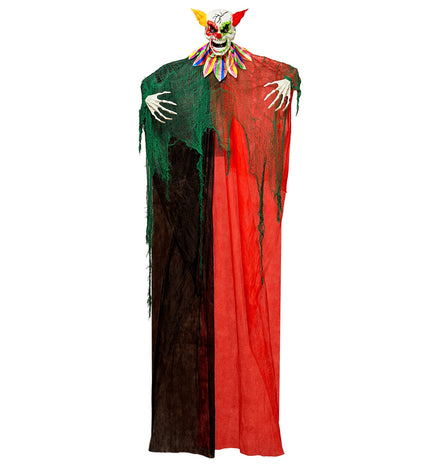 Enge clown decoratie 240cm met wit schedelmasker, regenboogkraag en rood zwart gewaad voor Halloween