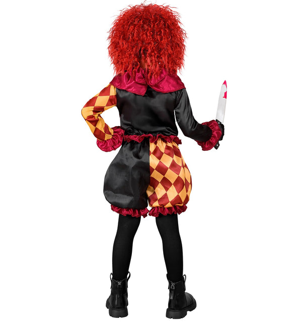Enge clown kostuum kind achterzijde met zwarte jas, geruite mouw en geplooide taille