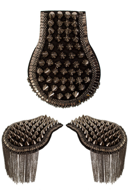 Epauletten met spikes grijs metallic, paar schouderstukken met zwarte ondergrond en kettingfranje