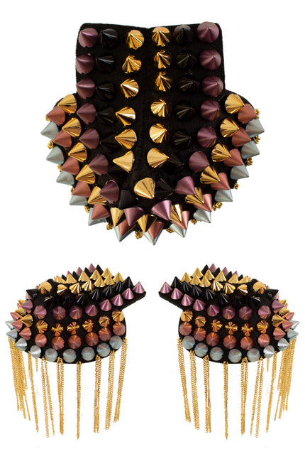 Epauletten met spikes multicolor, zwarte schouderstukken met goud, roze en zilveren studs en gouden kettinkjes